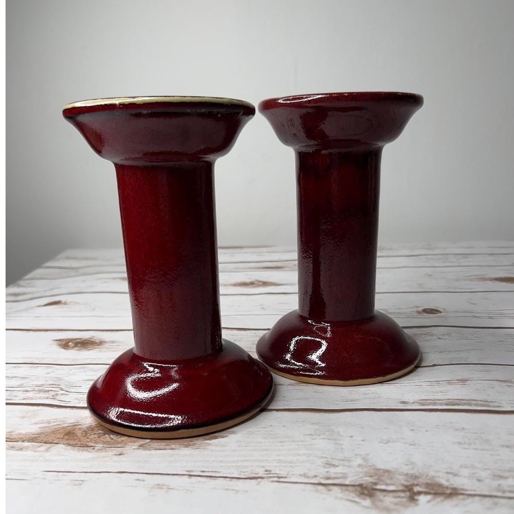 HausenWare Candlestick Holders Red Glossy Ceramic Pedestal Set of 2 7.5in